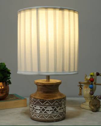 Homesake Whitewash Pot Wood Table Lamp, Modern Base Fabric Lampshade Table Lamp