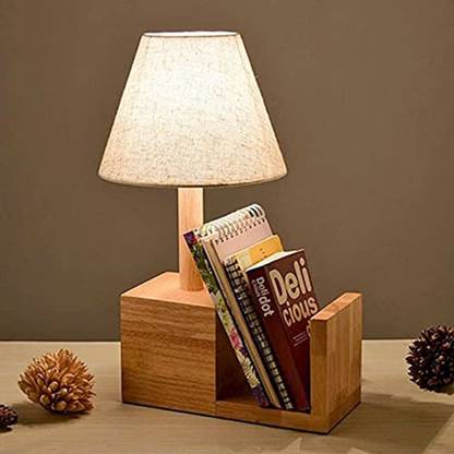 Artica Wooden Table Lamp Inbuilt Bookshelf With Soft Cotton Lamp Shade Table Lamp