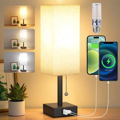 HASTHIP Bedside Table Lamp, Pull Chain Table Lamp with 2 USB Charging Port Table Lamp