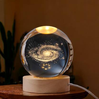MACVL5 Universe Design Carved Small Night Light Crystal Ball with Wood Base Night Lamp