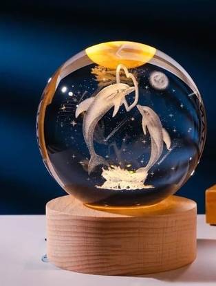 STARKENDY 3D Dolphin Crystal Ball Night Light with Wooden Base Night Lamp