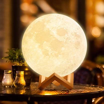Zovilstore 3D Moon Touch Sensor with Wooden Stand Bedroom Decoration Light (Pack of 1) Night Lamp