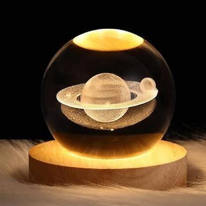 Sparlune Crystal Saturn Lamp | 3D Laser Engraved Globe | USB Warm Light with Wooden Base Night Lamp
