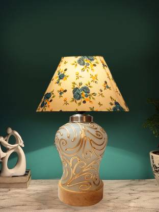 Devansh Conical Multicolor Cotton Shade Lamp With Wood & Mosaic Glass Base For Deco Table Lamp