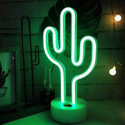 XERGY Green LED Neon Light with Holder Base, Battery Operated, Kids Neon Table Lamps Cactus Shaped Decorations, Neon Gift for Party Christmas Birthday Bedroom Décor Table Lamp