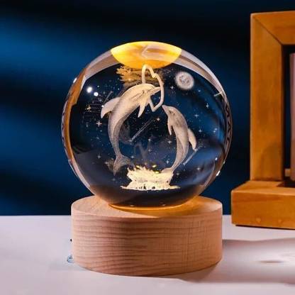 Aryamurti 3D Crystal Ball Dolphin Luminous Lamp with Wooden Base Night Lamp