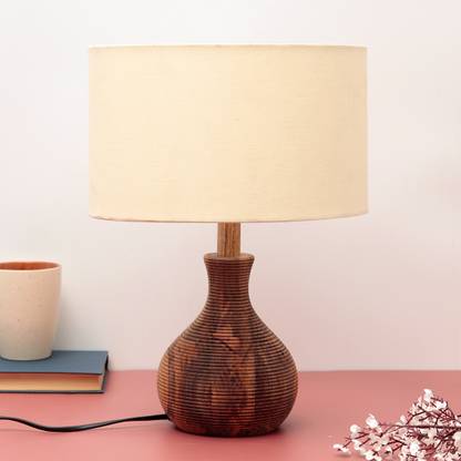 Unravel India "Matka Ribbed" sheesham wood table lamp with off-white shade Table Lamp