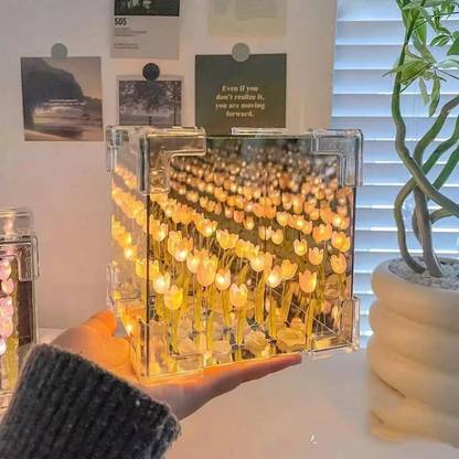 GVJ TRADERS Star Cube Tulip Lamp Tulip Night , Tulip Flower Lamp, Night Lamp (9 cm, Gold) Night Lamp