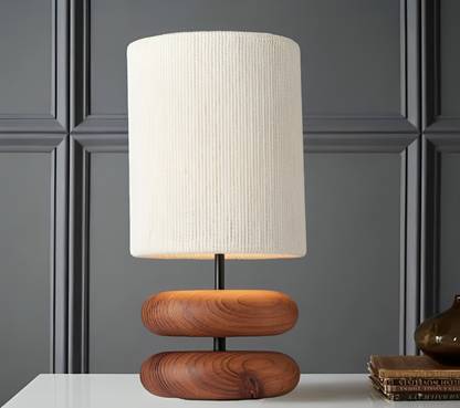 JEVI Wood Pebble Table Lamp 18 Inches Height, 7 Inches Diameter White Lampshade Table Lamp