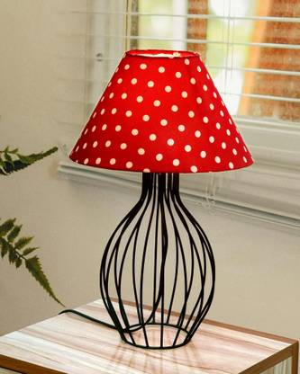 Homesake Black Bedside Table Lamp, Metal Base, Fabric Shade, Wire Trumpet & Red Dot Cone Table Lamp
