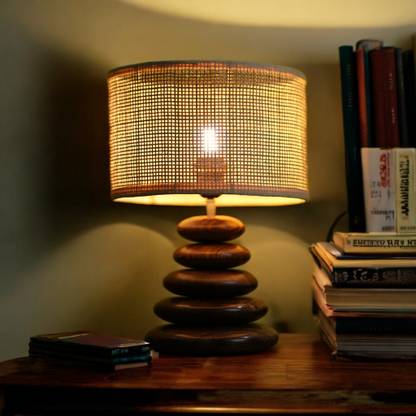 Ikari Homes Boho Rattan Pebble Table Lamp I Handcrafted Premium Wooden Rattan Lamp Table Lamp