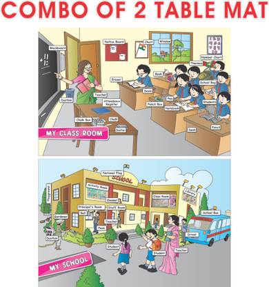 MY CLASS ROOM & MY SCHOOL: Picture Learning Educational Table Mats for Kids Set of 2 |(Paper Size 12x18 Inch) Double Side Laminated Picture learning Sheet for Preschool Age 2-7 Years Paper Print