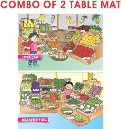 FRUIT STALL & VEGETABLE STALL : Picture Learning Educational Table Mats for Kids Set of 2 |(Paper Size 12x18 Inch) Double Side Laminated Picture learning Sheet for Preschool Age 2-7 Years Paper Print