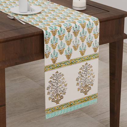 Blocks Of India Green, White 182 cm Table Runner