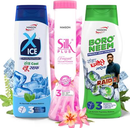Nimson Silk Plus & Boro Neem & X-ice Talcum Powder Ghamori, Loo Rakshak & Perfume Talc