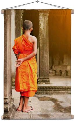 Artzfolio Contemplating Monk, Angkor Wat, Cambodia Canvas Scroll Tapestry 24 x 36.1 inch Printed Tapestry