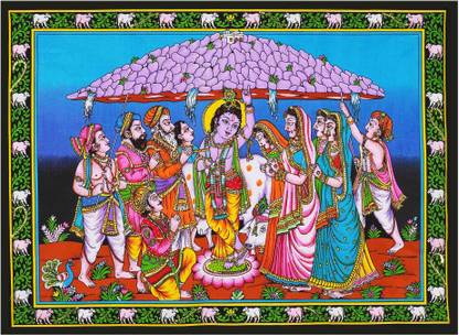 AMURA artisans Lord Krishna Lifting Govardhan Art Tapestry