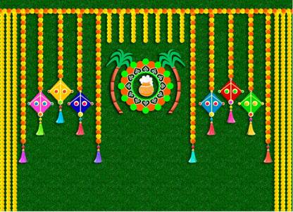 Epoojacart Pongal Kites on Green Grass Design Backdrop (8x5 ft) Pongal Tapestry