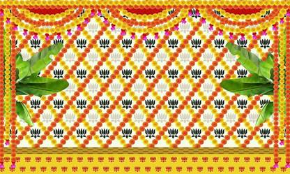 Epoojacart (Model-38) Marigold and Lotus flowers with banana leaf design Backdrop (5x8 Ft) Festival Decoration Tapestry