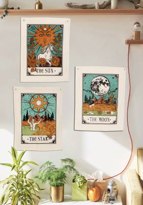 KALAKYARI The Sun Moon & Star Multicolor Bohemian Set of 3 Tarot Card Tapestry