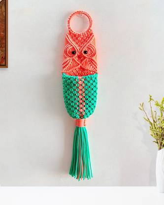 Kasba Macrame Wall Hanging & Utility Holder |Owl Shaped | Peach & Sea Green Tapestry