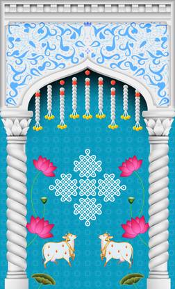 HRK CREATION Blue gate Cow Dhenu Backdrop, Festival Pooja Curtain Backdrop Decoration Blue gate Cow Dhenu Backdrop, Festival Pooja Curtain Backdrop Decoration Tapestry
