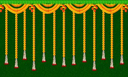 HRK CREATION Hanging Flower with Green Grass Background Design Backdrop for Pooja Decoration Wedding etc Events Decoration 8 X 5 Feet(pooja decoration cloth for background) Tapestry