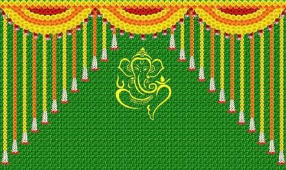 Epoojacart Ganesh on Coconut Leaf and Marigold Flowers Backdrop (Horizontal) Ganesh on Green Coconut Leaf and Marigold Flowers Design Backdrop (Horizontal) Tapestry