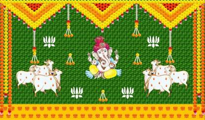 Epoojacart (Model - 29) Ganesh with Gomatha design on coconut leaf backdrop Ganesh with Gomatha design on coconut leaf backdrop Tapestry