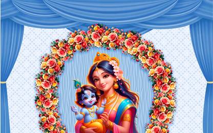 Sanskriti Yashoda Krishna Baby Shower Backdrop | High Quality Digital Print | 5x8 Feet Yashoda Krishna Tapestry | Happy Birthday & Janmashtami Cloth Backdrop Tapestry