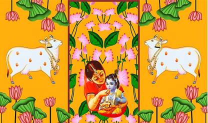 Epoojacart (Model - 41) Yashoda Krishna Backdrop with Side Gomatha Design (5x8 ft) Annaprasana Tapestry