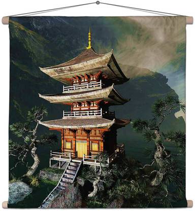 Artzfolio Zen Buddha Temple Canvas Tapestry Scroll Art 24 x 24 inch (61 x 61 cms) Printed Tapestry