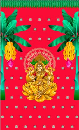 Epoojacart (Model - 25) Varalakshmi Devi Backdrop with side Banana Trees on Red Background Decorative Tapestry