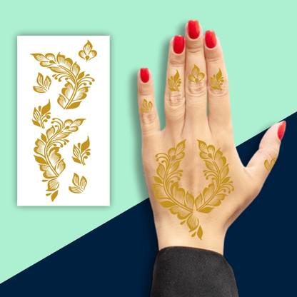 surmul Feather Golden Flowers With Leaf Mehndi Design For Single Hand