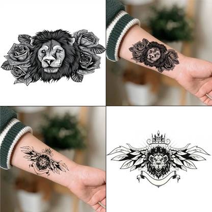 komstec Lion, Rose Leaf&Crown Temporary Tattoo Sticker For Male And Female Tattoo