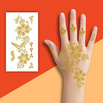 Ordershock Modern Golden Mehndi Design With Flowers & Leaf For Palm & Finger