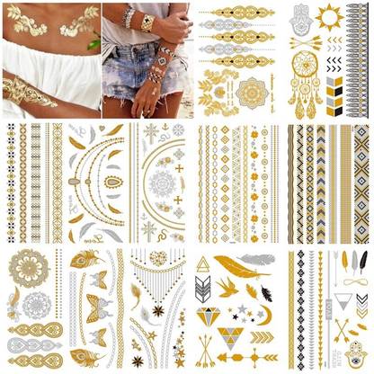HASTHIP 12 Sheets Tattoo Sticker Creative Element Temporary Tattoos Stickers Golden