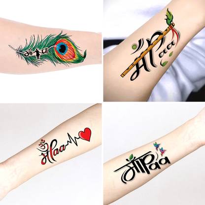 fashionoid Pack Of 4 Maa Paa Heart Om Peacock Feather Combo Waterproof Temporary Tattoo
