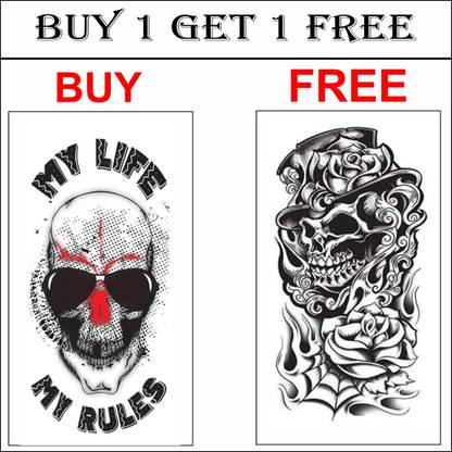 voorkoms My Rules My Life Skull Tattoo Waterproof One Buy Get One Free Body Tattoo