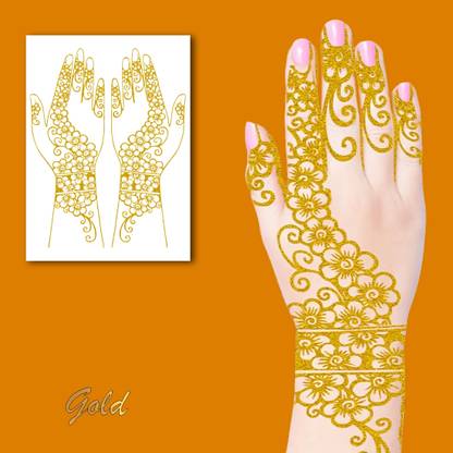 komstec Flower Full Hand Golden Mehndi Design With Band On Wrist