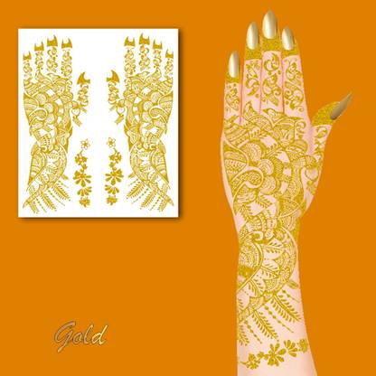 komstec Full Hand Flowers & Leaf Golden Mehndi Design For All Festivals