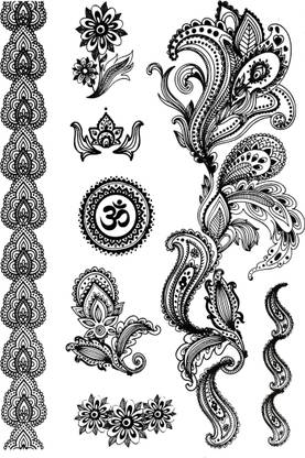 surmul Om With Multi Feather Design Mehndi Sticker Tattoos,
