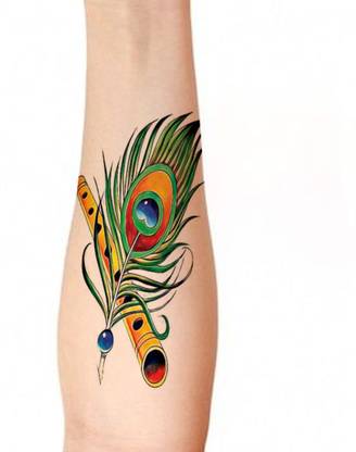 stylizeink Peacock Feather With Flute Temporary Tattoo For Waterproof For Men Woman
