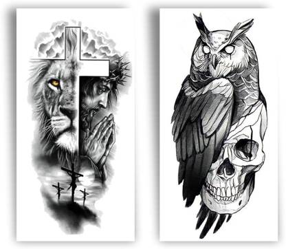 TATMODS Tatmods Famous Jesus With Cross With Owl Skull Temporary Tattoo Pack of 2