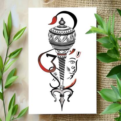 surmul Black And White Om With Trishul And Hanuman Temporary Tattoo Sticker