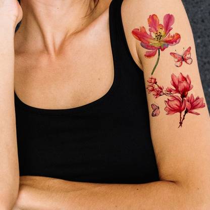 voorkoms Red Flower With Butterfly Tattoo Waterproof For Boys Girls Temporary Tattoo