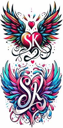 Vanvati SK Letter With Multicolor wing And Heart Tattoo for Male And Female Tattoo