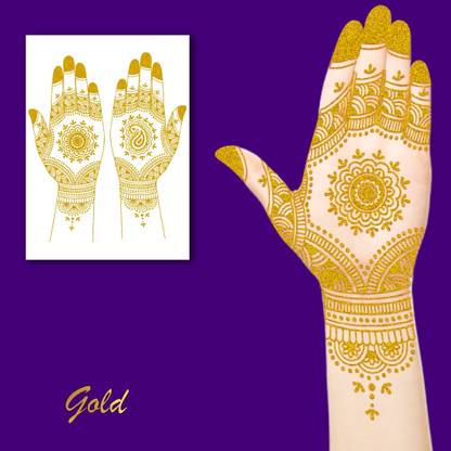 Temporary Tattoowala Full Bridal Hand Mehndi In Golden With Bracelet & Circular Flower For Wedding
