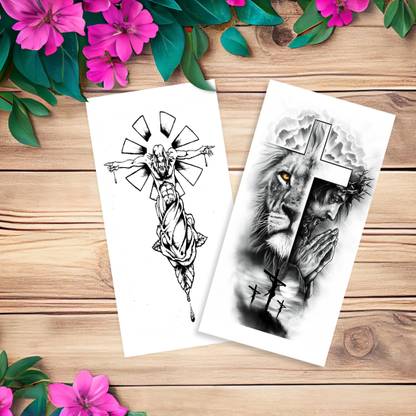 komstec Christian Jesus Cross With Lion Design Fake Waterproof Temporary Tattoo Sticker