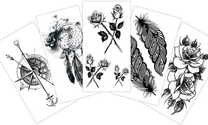 EREBEX Temporary Tattoo Stickers Combo Of Rose Flowers, Feathers, Compass Mix Designs
